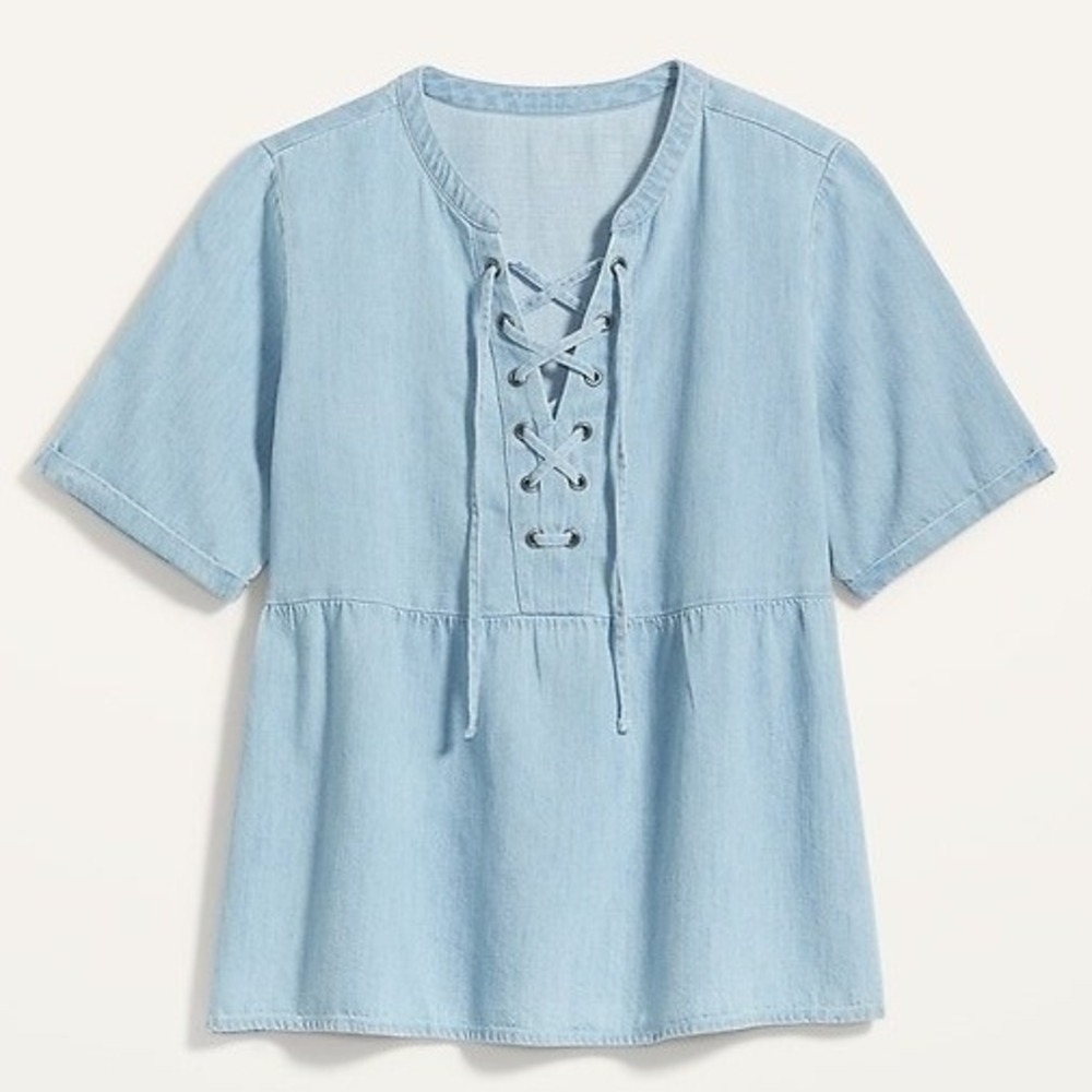 Old Navy Lace Up Peplum Chambray Blouse Split Neck Short Sleeve Blue Size 2X